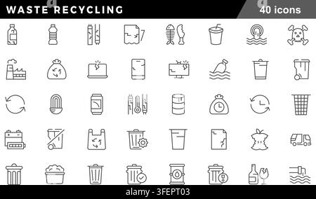 Vector illustration set of 40 waste recycling icons featuring trash bin, garbage bag, plastic bottle, e-waste, toxic hazard, and ocean pollution. Stock Vector