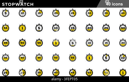 Vector illustration set of 40 stopwatch icons featuring timer countdown, 5 to 50 minutes intervals, second measurement, clock, and deadline symbols. Stock Vector