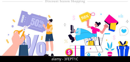 Flat illustration set of discount season shopping concepts featuring promo voucher coupon, scissors, 50% off price tag, shopping cart, and gift box. Stock Vector