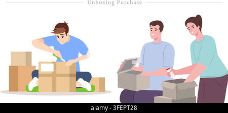 Flat illustration set of unboxing purchase concepts featuring people opening cardboard boxes, cutter knife, product inspection, and unpacking order. Stock Vector