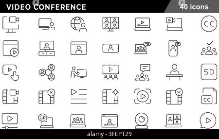 Vector illustration set of 40 video conference icons featuring online meeting, screen sharing, webcam, group call, closed captions, and virtual chat. Stock Vector