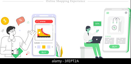 Flat illustration set of online shopping experience concepts featuring smartphone app, product footwear, discount tag, buy button, and laptop user. Stock Vector