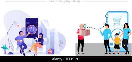 Flat illustration set of smart shopping lifestyle concepts featuring online shopping app, sofa browsing, courier parcel delivery, and family buyers. Stock Vector