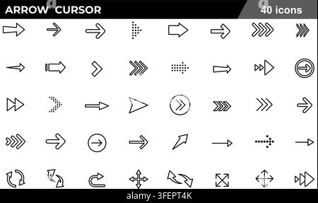 Vector illustration set of 40 arrow cursor icons featuring right arrow, dotted arrow, circular arrow, expand, navigation pointer, and fast forward. Stock Vector