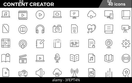 Vector illustration set of 40 content creator icons featuring video camera, microphone, headphones, film clapperboard, photo camera, and audio tape. Stock Vector
