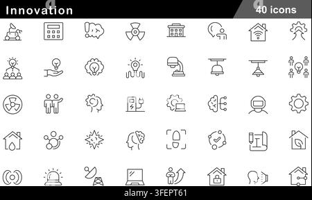 Vector illustration set of 40 innovation icons featuring light bulb idea, artificial intelligence brain, EV charging, smart home, and robot technology Stock Vector