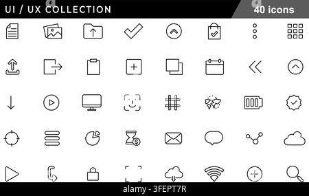 Vector illustration set of 40 UI UX collection icons featuring folder upload, file, checkmark, media controls, battery, wifi, and web navigation. Stock Vector