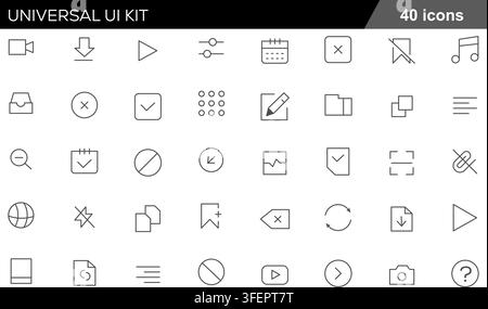 Vector illustration set of 40 universal UI kit icons featuring media play, video camera, download, edit pencil, calendar, bookmark, and web buttons. Stock Vector