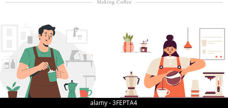 Flat vector illustration set of making coffee concepts, featuring barista preparing espresso, pouring fresh coffee, moka pot, and cafe shop Stock Vector