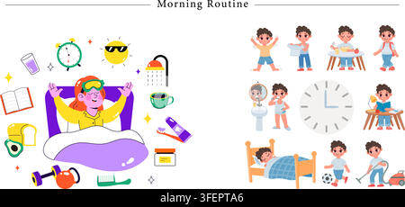 Flat vector illustration set of morning routine activities featuring waking up in bed, brushing teeth, healthy breakfast, exercise, and daily habits. Stock Vector