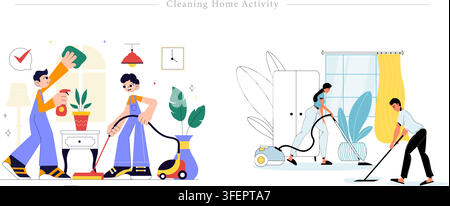 Flat vector illustration set of home cleaning activities, featuring people vacuuming, wiping window glass, mopping floor, and cleaning service. Stock Vector