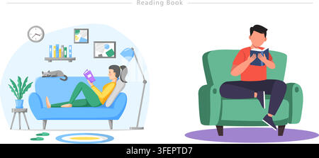 Flat vector illustration set of people reading books at home, relaxing on sofa armchair, enjoying literature, studying, and cozy lifestyle. Stock Vector