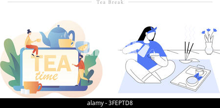 Flat vector illustration set of tea break concepts, featuring people drinking tea, teapot, laptop break, lemon slice, and cozy tea ceremony. Stock Vector