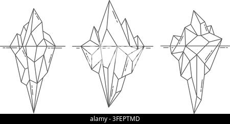 Arctic ice berg vector graphic. Black and white line drawing with visible tip and hidden underwater mountain in minimal flat style. Stock Vector