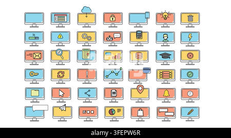 Mega set of 42 computer monitor vector icons. Black line art with colorful offset fill style on white background. Stock Vector