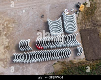 Aerial view of a circular wind turbine foundation under construction ...
