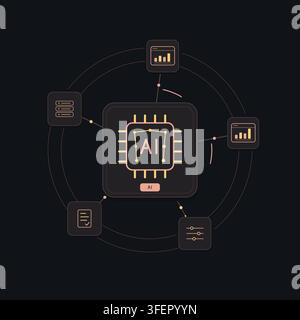 Neural AI processor with connected technology symbols and editable geometric shapes. Stock Vector