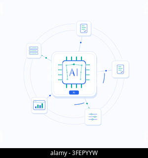 Neural AI processor with connected technology symbols and editable geometric shapes. Stock Vector