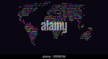 abstract word map neon night africa typographic terrain world map showing binary code and text characters filling continental shapes for print decor Stock Vector