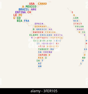 word map rainbow paper south america world map rendered as typographic terrain with binary code and text characters filling continental shapes for Stock Vector