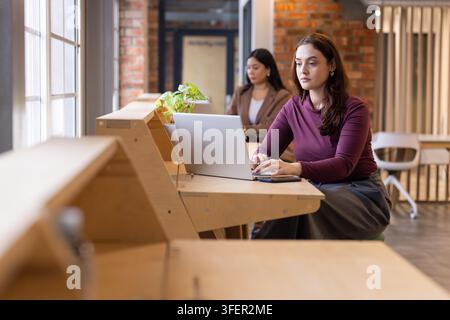 Diverse female coworkers working at wooden desk in coworking space with laptop smartphone plant Stock Photo