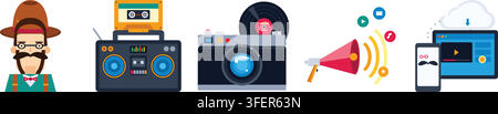 Set of flat design icons featuring vintage media devices and digital technology Stock Vector