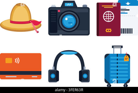 Set of flat vector travel icons including camera passport luggage and hat Stock Vector