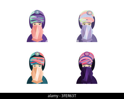 Set of four stylized women wearing colorful turbans and face veils in flat vector design Stock Vector