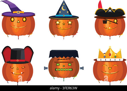 Set of six Halloween pumpkins wearing various costumes and hats on white Stock Vector