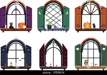 Set of six decorative halloween windows with pumpkins and spooky elements Stock Vector
