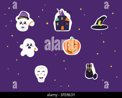 Cute Halloween sticker set featuring spooky characters and haunted house icons Stock Vector