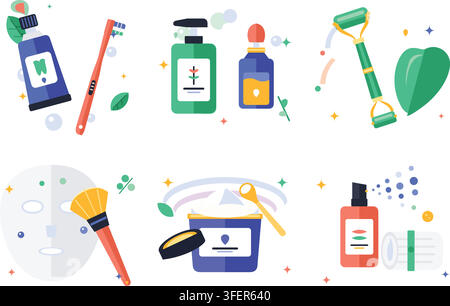 Set of flat vector icons representing skincare and personal hygiene products Stock Vector