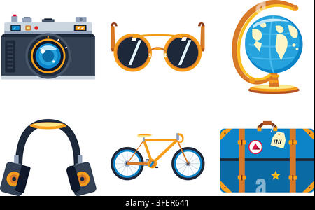Set of travel and adventure icons featuring camera globe and bicycle Stock Vector
