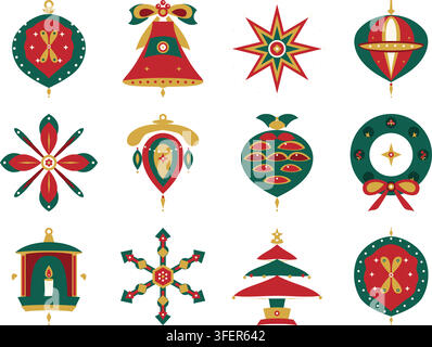 Set of decorative Christmas ornaments and festive icons on white background Stock Vector