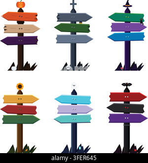Set of colorful wooden Halloween signposts with spooky decorative elements Stock Vector