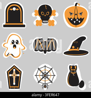 Halloween sticker set featuring spooky icons in flat vector design Stock Vector