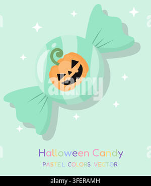 Cute mint green Halloween candy with an orange jack o lantern pumpkin, white sparkling stars and playful multicolor typography Stock Vector
