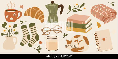 Cozy morning collection of hand drawn illustrations featuring coffee, croissant, moka pot, books, glasses, warm blanket, candle, sleeping cat, flowers Stock Vector