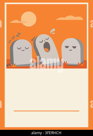 A cute vector illustration featuring three stylized tombstones in a graveyard, with one sleeping, one yawning, and one looking relaxed under a sunset Stock Vector