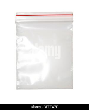 Empty clear plastic bag with a red zip lock seal, isolated on white background Stock Photo