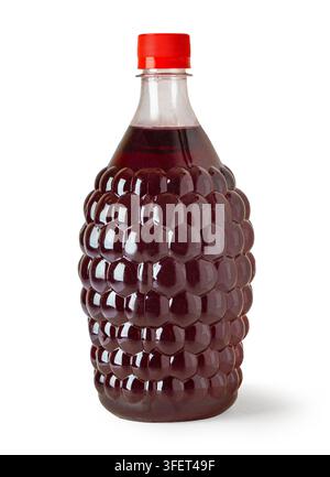 Bottle with a blackberry design holding red liquid on a white background Stock Photo