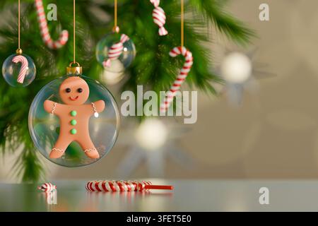 3D Christmas banner with glass baubles hanging on fir tree. Winter holiday card template with gingerbread man cookie inside ornament and copy space on Stock Photo
