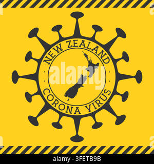 Corona virus in New Zealand sign. Round badge with shape of virus and New Zealand map. Yellow country epidemic lock down stamp. Vector illustration. Stock Vector