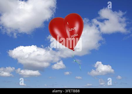 Red heart balloon against blue sky, heart shape, balloon, cumulus clouds, I love you, studio, Lower Saxony, Federal Republic of Germany Stock Photo