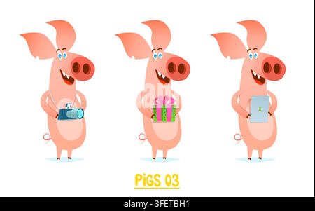Cute pig with a camera tablet and a gift in his hands. Cartoon style illustration Stock Vector
