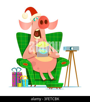 The pig is watching a movie on the couch with popcorn. Cartoon flat style illustration Stock Vector