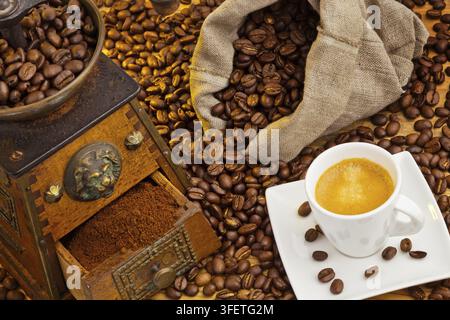 Many coffee beans lie next to a coffee grinder. Freshly ground coffee, studio recording, Federal Republic of Germany Stock Photo
