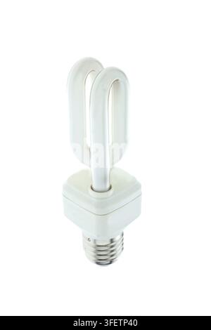 An energy-saving lamp is placed on a white background. Saving energy, electricity costs, energy costs, Austria Stock Photo