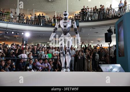 Berlin, Berlin, Germany. 5th Sep, 2026. Humanoid robots, quadrupeds and AI-powered companion machines perform during Robots on the Runway at IFA 2026 at Messe Berlin in Berlin, Germany, on Saturday, September 5, 2026. The live technology showcase turned the traditional fashion-show format over to robots, with machines walking the catwalk, dancing, posing, performing tricks and demonstrating advances in movement, sensor technology and human-machine interaction. Eleven robotics companies took part in the show, bringing together humanoid, four-legged, transformable and companion robots as art Stock Photo