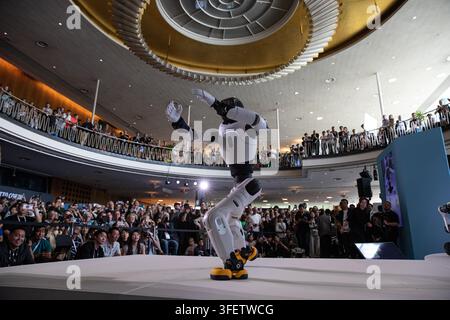 Berlin, Berlin, Germany. 5th Sep, 2026. Humanoid robots, quadrupeds and AI-powered companion machines perform during Robots on the Runway at IFA 2026 at Messe Berlin in Berlin, Germany, on Saturday, September 5, 2026. The live technology showcase turned the traditional fashion-show format over to robots, with machines walking the catwalk, dancing, posing, performing tricks and demonstrating advances in movement, sensor technology and human-machine interaction. Eleven robotics companies took part in the show, bringing together humanoid, four-legged, transformable and companion robots as art Stock Photo